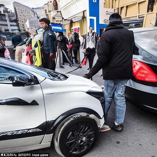 Prompt: car manipulator picks up one person from a queue of people looking for a store