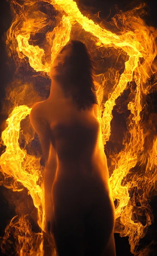 Image similar to a surreal painting of a woman made of golden fire, volumetric lighting