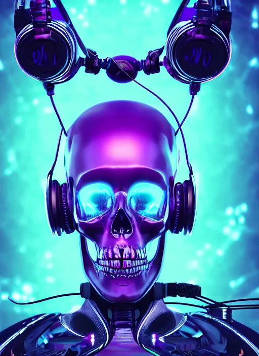 Image similar to a futuristic skull wearing headphones with glowing eyes and a purple background, cyberpunk art by android jones, behance contest winner, computer art, darksynth, synthwave, rendered in cinema 4 d