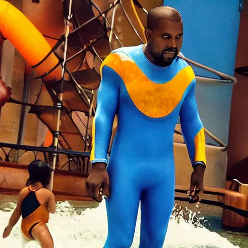 Image similar to photograph of kanye west in an aquaman costume at a waterpark.