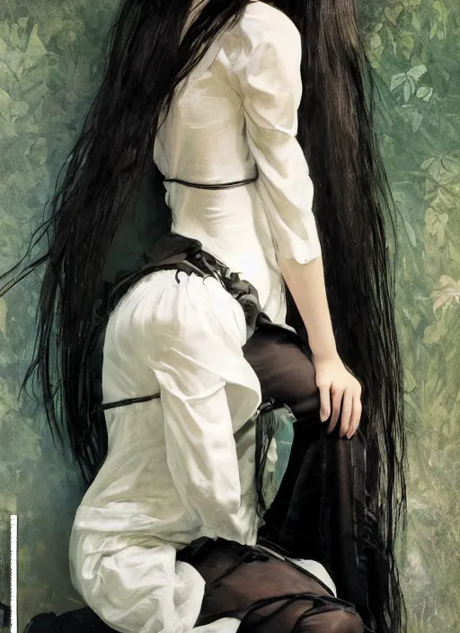 Image similar to a 1 6 year old girl eveline from resident evil 7 with straight long black hair wearing black dress that sitting on bathroom floor, photo for vogue, model エリサヘス s from acquamodels, art by artgem, greg rutkowski and alphonse mucha