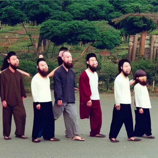 Image similar to secret full color photos form the year 1 9 9 9 of a cult in japan. everyone must not wear pants, they must wear shirts, all their hair is shaved off the side but very long on top. small beards are ok. you must carry a large vegetable in each hand at all times.