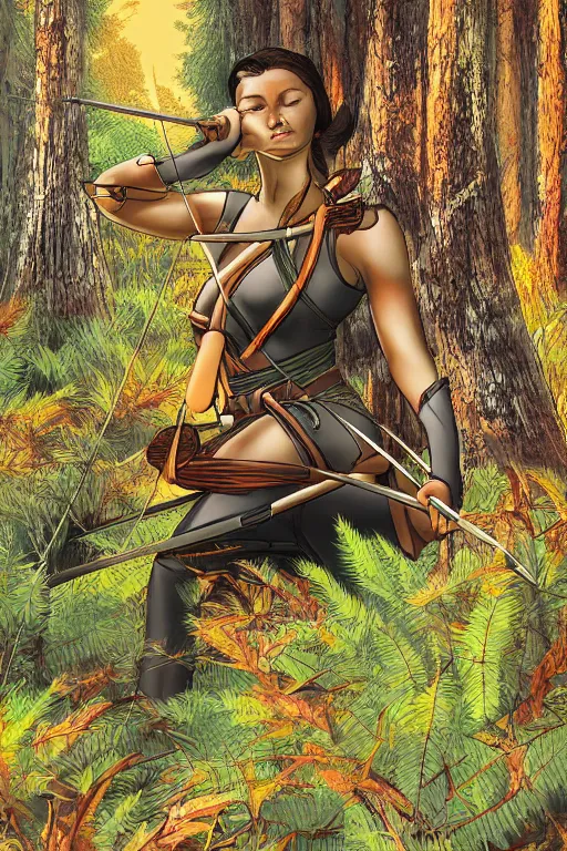 Prompt: female archer with leafy black hair crouching on sunset forest. high detail