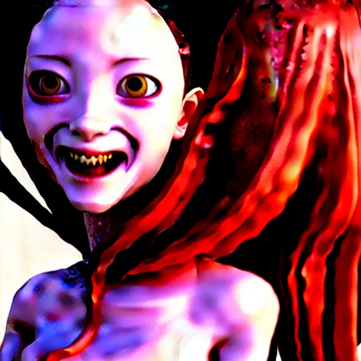 Image similar to renaissance portrait of the secretive vampire girl loner smiling at her next victim, by katsuhiro otomo, yoshitaka amano, nico tanigawa, and artgerm rendered with 3 d effect.