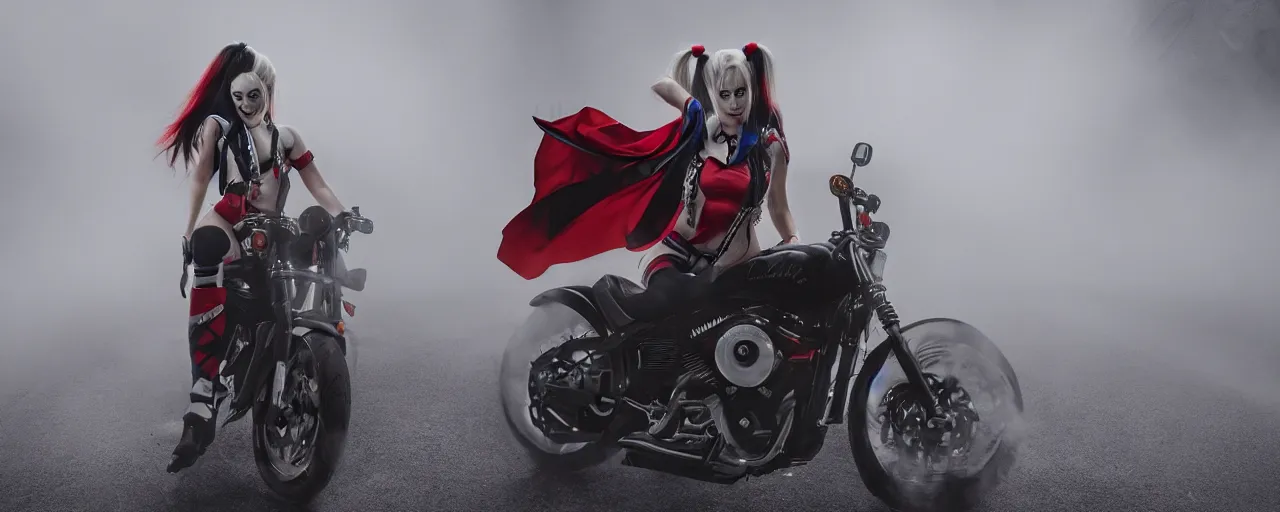 Prompt: real-life Harley Quinn riding a motorcycle holding a baseball bat, cinematic, Low angle, atmospheric fog and lighting