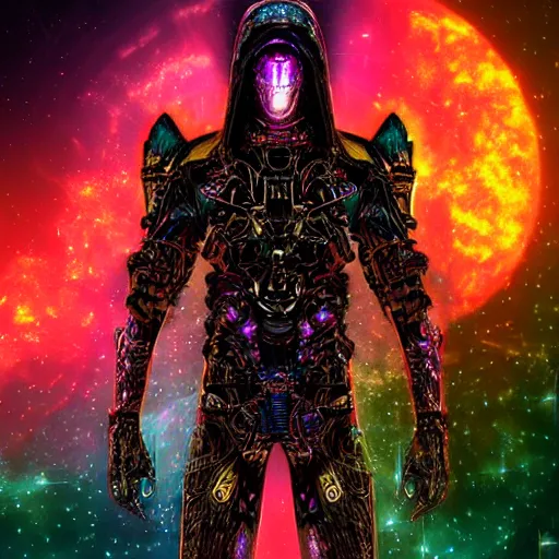 Prompt: Epic dark gritty space scene digital artwork featuring the iridescent cloaked hooded warrior partially cybernetic entity god of future technology wielding cosmic weaponry, ornate galactic gold, intricate, ornate, gothic, colorful, vibrant, smooth, moody, ominous, dangerous aura, microchips, crystallic, iridescent, lasers, gems, multicolored glints, precious elements, beautiful, detailed, concept art, render, unreal engine, 4K, artstation