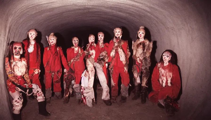 Image similar to high realistic photo portrait of esoteric tribes members with taxidermic flesh bloody jaw and elaborate red clothes in a empty tunnel, cinestill 800t 35mm, heavy grain, high quality,