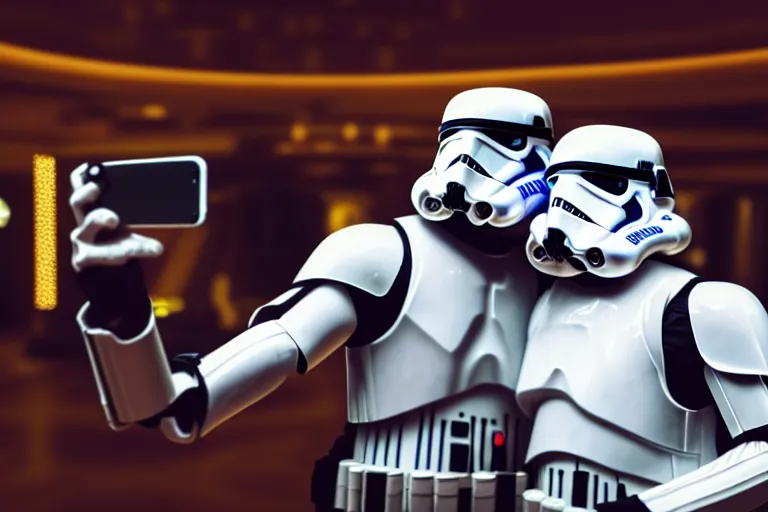 Image similar to a photo of two stormtroopers taking a selfie in las vegas casino, ultra wide shot, 2 4 mm, bokeh, blurred background, colorful lights, golden ratio, sci fi, fantasy, cyberpunk, intricate, decadent, highly detailed, digital painting, octane render, artstation, concept art, smooth, sharp focus, illustration, art by loish, wlop