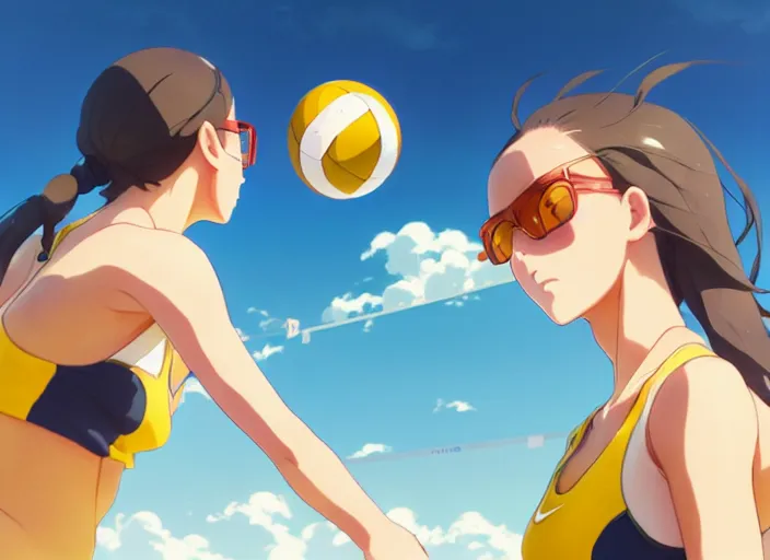 Prompt: side portrait of cute high school girl playing beach volley, sunny sky background, stadium landscape, illustration, concept art, anime key visual, trending pixiv fanbox, by wlop and greg rutkowski and makoto shinkai and studio ghibli and kyoto animation, symmetrical facial features, sports clothing, yellow carrera glasses, nike shirt, backlit