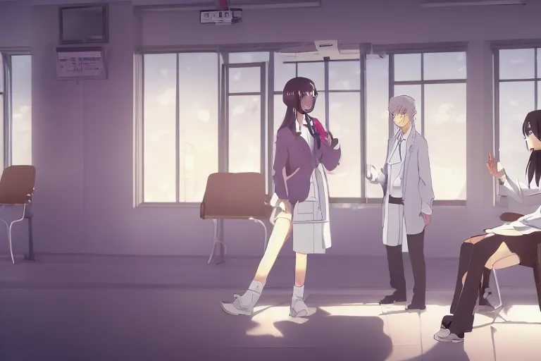 Image similar to a cute young female doctor wearing white coat are talking with an old surgeon in a hospital, slice of life anime, lighting, anime scenery by Makoto shinkai