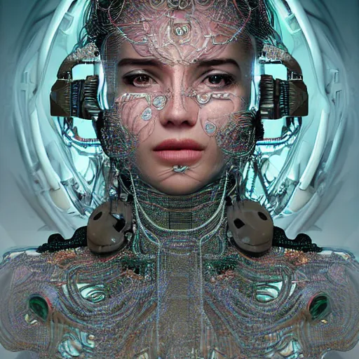 Image similar to woman integrating with technology, full face, detailed intricate ornate cables connected to head, big open electric eyes, luxurious detailed abundent wiring and implants, diamonds, sci-fi, neon, emeralds, detailed technology full background, highly detailed, artstation, Rene Lalique and Eddie Mendoza