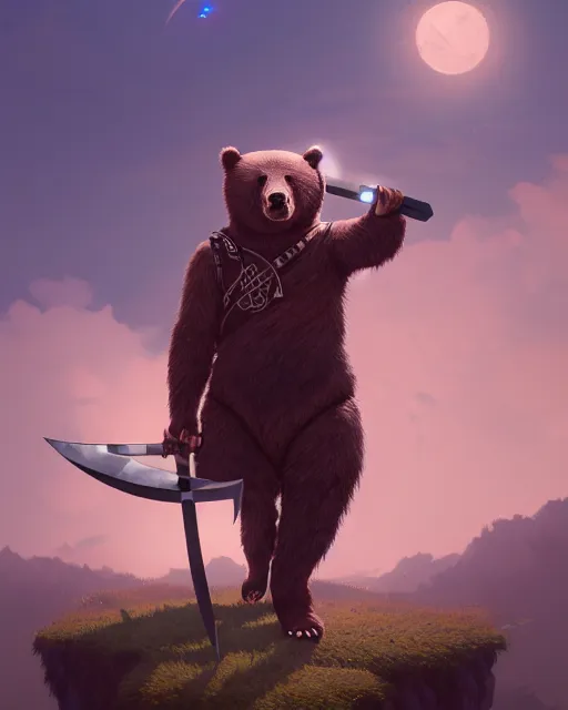 Prompt: highly detailed surreal vfx portrait of a ninja bear holding an axe, stephen bliss, unreal engine, greg rutkowski, loish, rhads, beeple, makoto shinkai and lois van baarle, ilya kuvshinov, rossdraws, tom bagshaw, alphonse mucha, global illumination, detailed and intricate environment