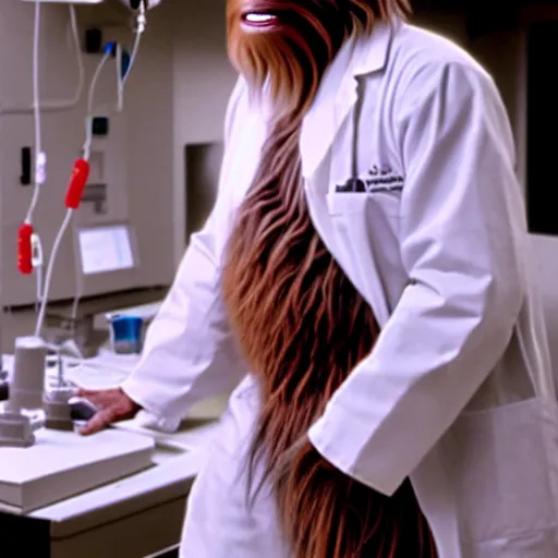 Image similar to chewbacca in the role of nurse from doctor haus movie, medical dress, white lab coat, detailed, demical outfit, in the lab, film still