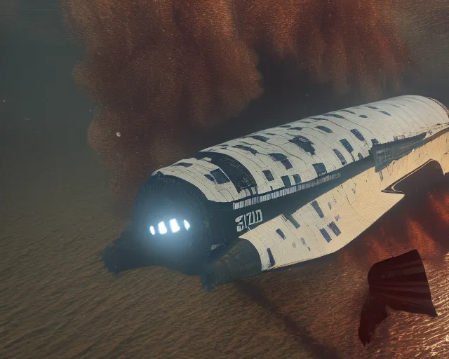 Image similar to old damaged space shuttle submerged under water, cinematic, photoreal, by red dead redemption 2