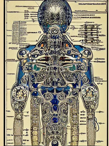 Image similar to schematic blueprint of highly detailed ornate filigreed convoluted ornamented elaborate cybernetic medical equipment, art by da vinci