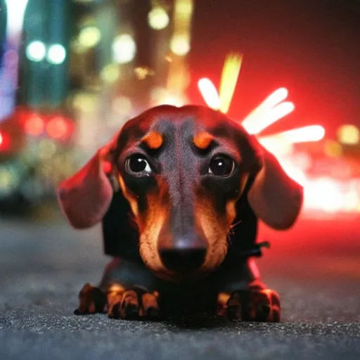 Image similar to a Dachshund as a dragon destroying new york city during 4th of July fireworks