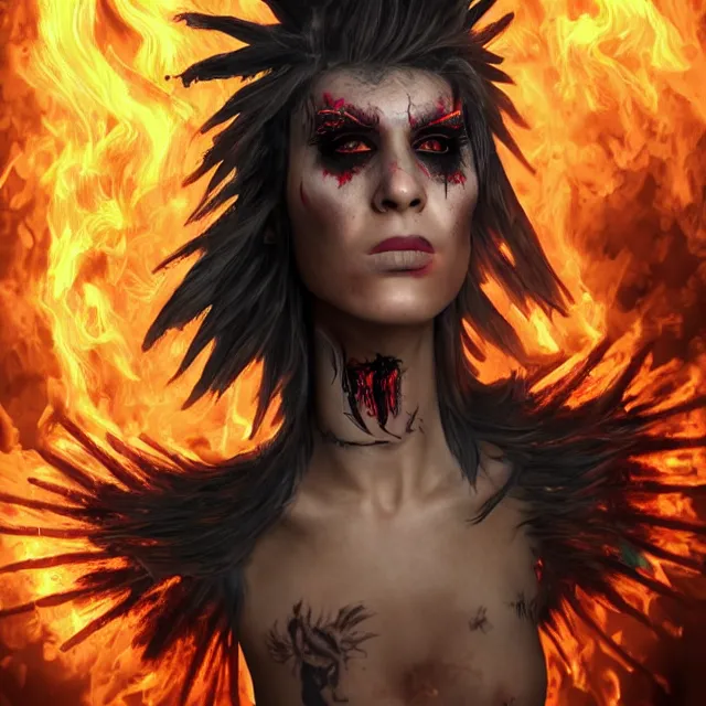 Prompt: a 3 / 4 view of a female raver / punk possessed by a fire dragon in the style of leonard boyarsky trending on artstation deviantart pinterest hyper detailed photorealistic highlights and shadow hd 8 k post - processing high resolution
