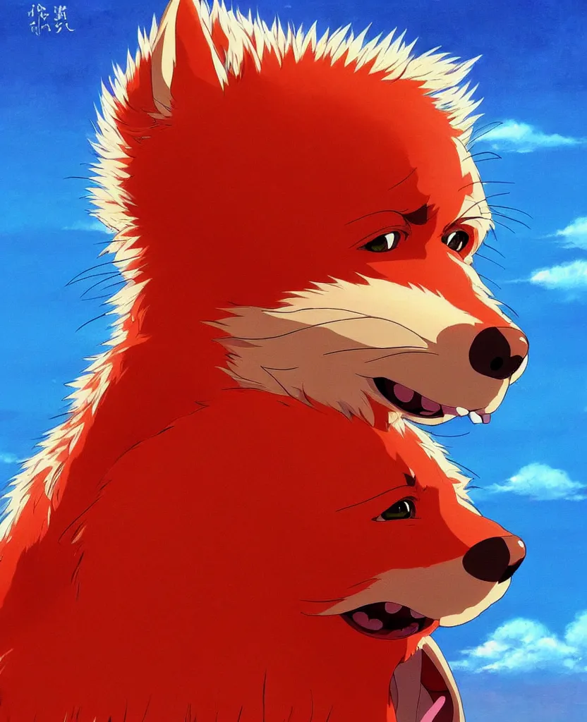 Image similar to beautiful painting from the anime film by studio ghibli, red anthropomorphic dog human hybrid wearing human clothes, drooling, fur, trending on artstation