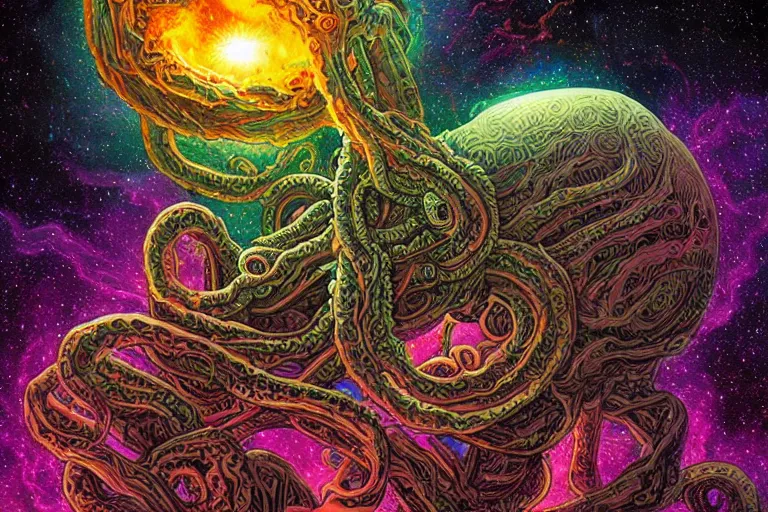 Image similar to a giant skull with lovecraftian tentacles emerging from a space nebula by dan mumford, digital art, photorealistic, vivid colors, highly detailed, intricate