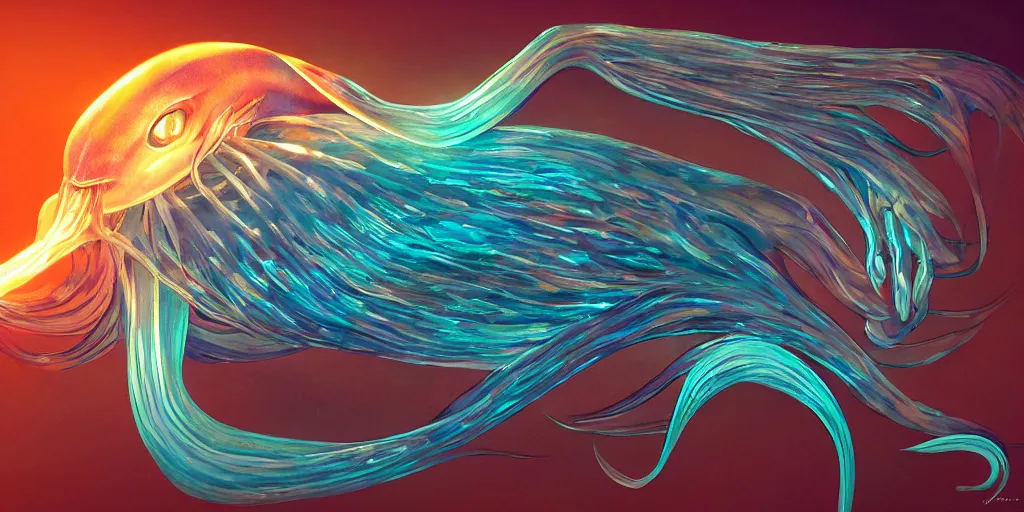 Image similar to squid, stylized layered shapes, long flowing fins, bioluminescent orbs, diffuse lighting, glowing eye, intricate, elegant, highly detailed, lifelike, photorealistic, digital painting, artstation, smooth, sharp focus,