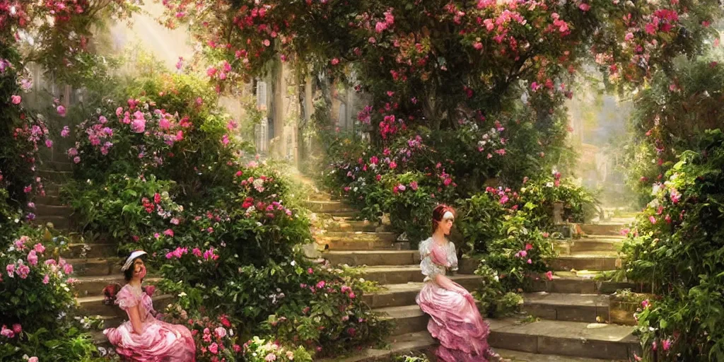 Image similar to Victorian Woman sitting on the front steps of a mansion, near a hedge garden of exotic flowers in the Mushroom Kingdom, giant mushrooms, and roses, from behind, streets, birds in the sky, sunlight and rays of light shining through trees, beautiful, solarpunk!!!, highly detailed, digital painting by Michael Garmash and Peter Mohrbacher