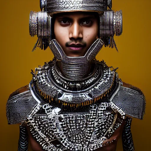 Image similar to a portrait of a beautiful indian young male wearing an alexander mcqueen armor made of robot parts , photographed by andrew thomas huang, artistic