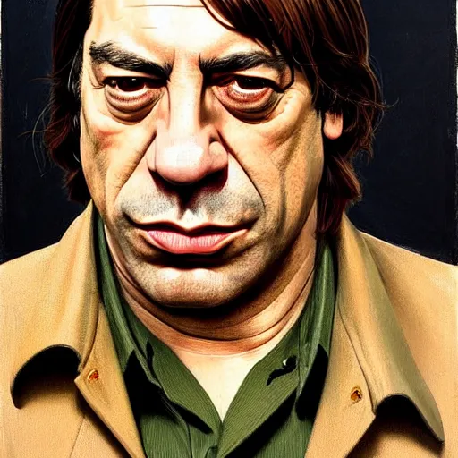 Image similar to portrait of javier bardem as anton chigurh in no country for old men. 7 0 s clothes and environment. flat colours. neutral menacing stare. oil painting by lucian freud. path traced, highly detailed, high quality, j. c. leyendecker, drew struzan tomasz alen kopera, peter mohrbacher, donato giancola