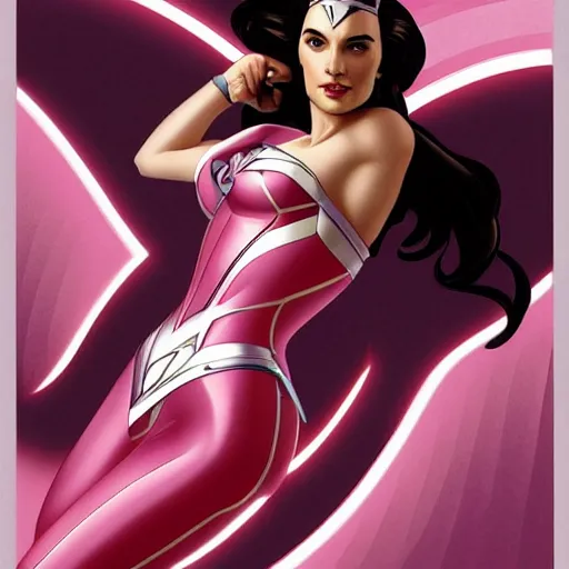 Prompt: a streamline moderne painting of gal gadot as the pink power ranger in the style of charlie bowater, and in the style of alphonse mucha. symmetry, smooth, sharp focus, semi - realism, intricate detail.