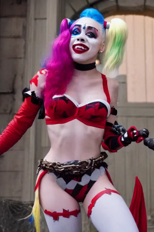 Image similar to film still of doja cat as Harley Quinn in Joker, full-shot, 4k