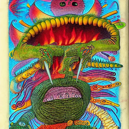 Prompt: futuristic bestiary of repressed emotion monsters and creatures starting a fiery revolution in the psyche, in the style of COdex Seraphinianus