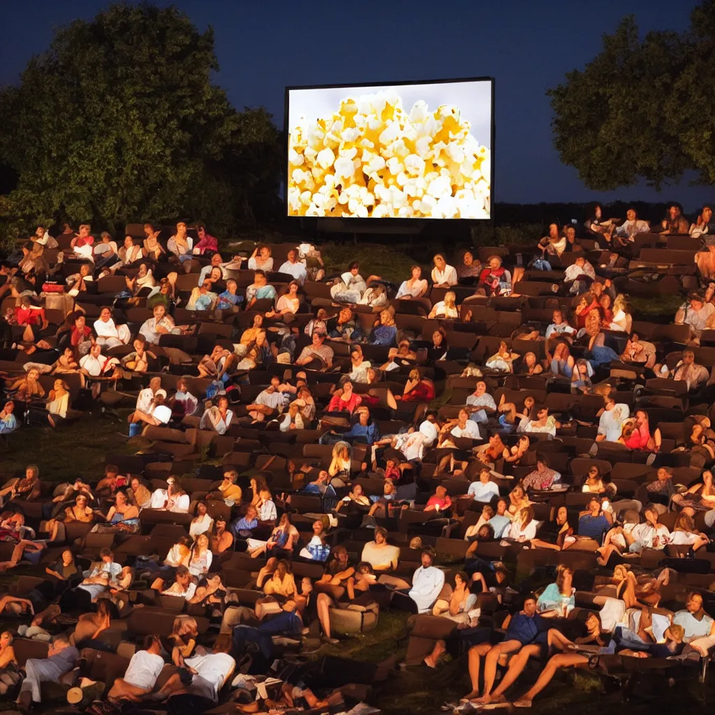 Image similar to outdoor cinema screen with moviegoers, giant popcorn bucket, at night symmetrical rule of thirds