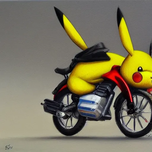 Image similar to pikachu riding motorcycle, nestor canavarro hyperrealist art style, sharp brushstrokes