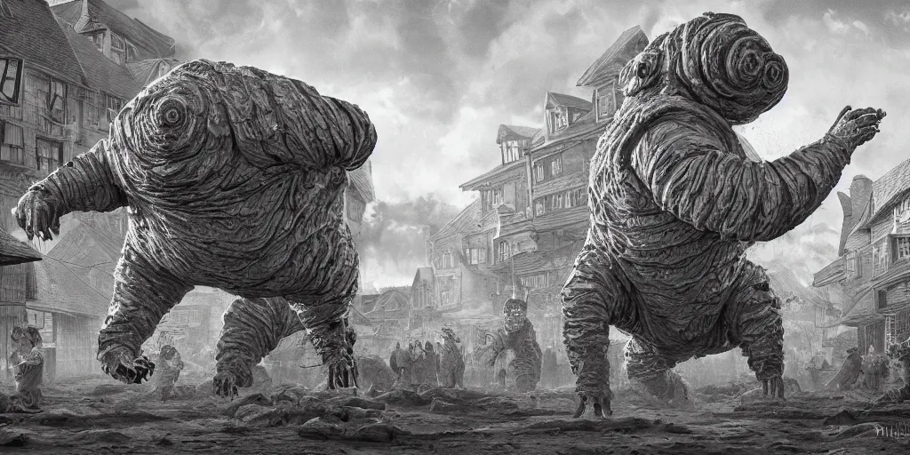 Image similar to Intricate detailed illustration, A giant human tardigrade hybrid attacking a 1940s village, cinematic lighting, by Philip Hood, wide angle, volumetric light scattering, 8k, artstation, concept art,