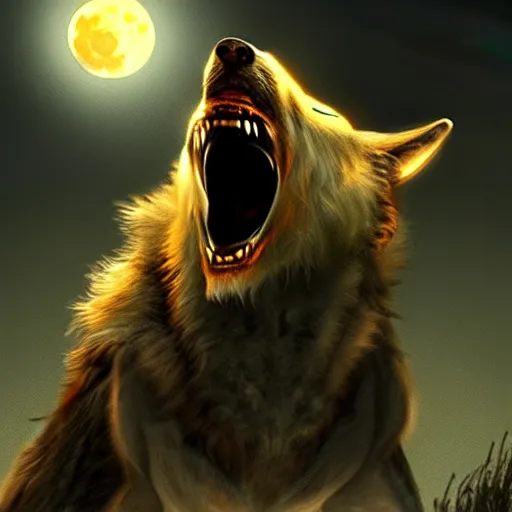 Image similar to werewolf howling at the full moon, photorealistic, artstation