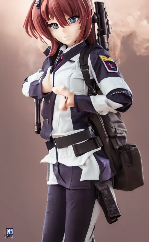 Prompt: toy photo, school uniform, portrait of the action figure of a girl, anime character anatomy, girls frontline universe, collection product, dirt and smoke background, flight squadron insignia, realistic military gear, 70mm lens, round elements, photo taken by professional photographer, trending on instagram, symbology, 4k resolution, low saturation, empty hands, realistic military carrier