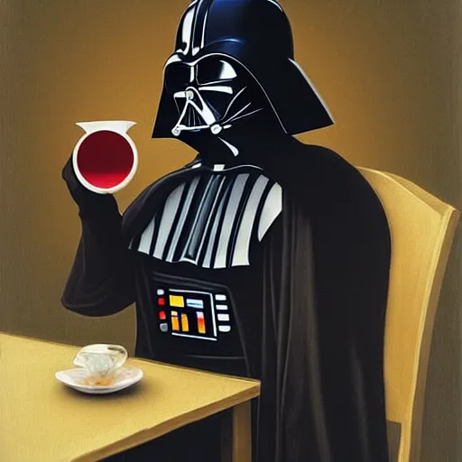 Prompt: darth vader sits on a chair behind a coffee salt on a summer veranda and holds in his hand a small china cup with tea from which steam comes out, in the stylization of paintings of romanticism, detailed facial proportions