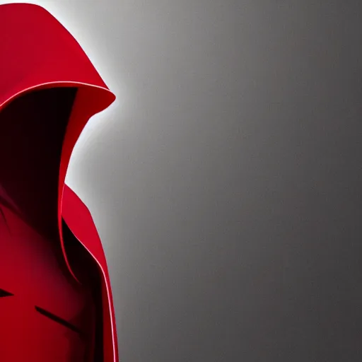 Image similar to A robotic character with red eyes, a dark hood and cloak, ominous, 8k, render