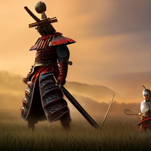 Prompt: giant samurai standing in a field opposite a small soldier, detailed digital artwork, symmetrical, highly detailed, highly accurate, deep aesthetic, 8 k, highly ornate intricate details, cinematic lighting, rich colors, ray tracing, hyperrealistic, photorealistic, cinematic landscape, trending on artstation,