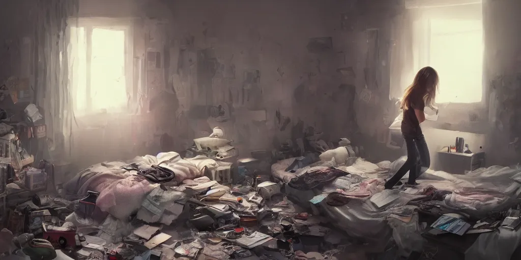 Image similar to an environmental concept art of an angsty female teen in her cluttered bedroom, highly detailed, cinematic, dramatic lighting, directional lighting, close shot by francis tneh