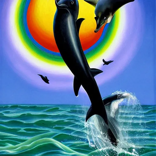 Image similar to a hyper realistic painting of the grim reaper sitting on of a dolphin jumping over a rainbow, by james c christensen and stephen gammel,