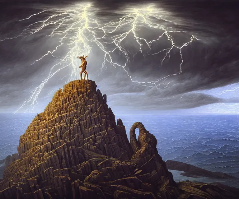 Image similar to hyper detailed 3d render like a Oil painting - greek god zeus standing tall on top of mount olympus, lightning storm in background, anger + wrath, by Jacek Yerka, Mariusz Lewandowski, Houdini algorithmic generative render, Abstract brush strokes, Masterpiece, Edward Hopper and James Gilleard, Zdzislaw Beksinski, Mark Ryden, Wolfgang Lettl, hints of Yayoi Kasuma, octane render, 8k