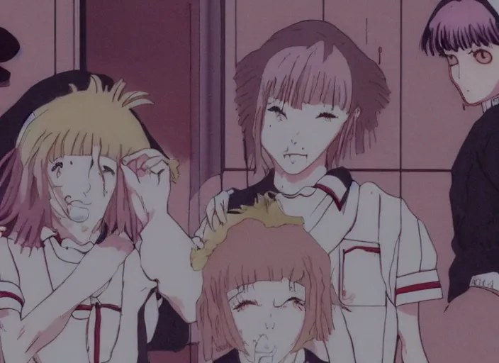 Image similar to screenshot from guro anime, 8 0's horror anime, yellowed grainy vhs footage with noise, four schoolgirls trapped in a bathroom, bathroom stalls and sinks and tiled floor, sad scared girls are in beige sailor school uniforms, one girl has white hair, detailed expressive faces, various hair colors and styles, in the style of ghibli,
