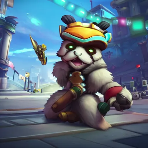 Image similar to teemo is the newest overwatch character, kings row in the background, octane render, blender render, unreal engine, standing pose, cinematic lighting, symmetrical