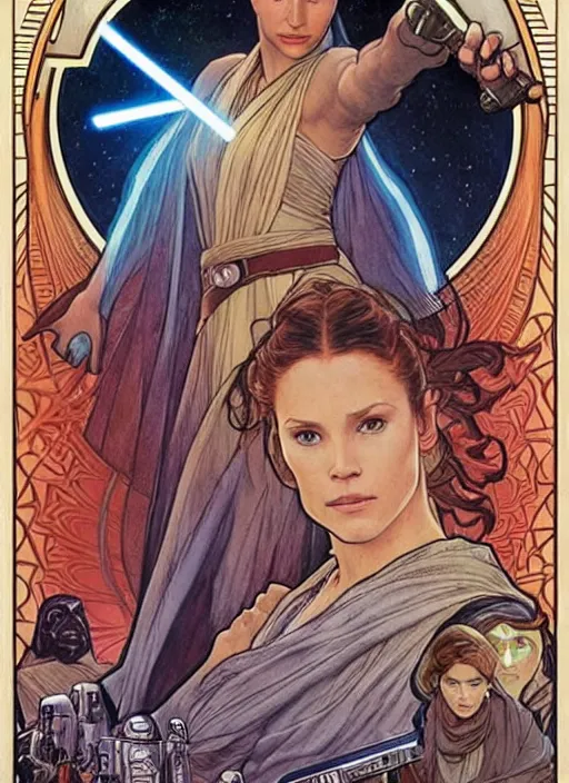 Image similar to movie poster by iain mccaig and magali villeneuve and drew struzan and alphonse mucha, a very beautiful!!!! woman jedi master, highly detailed. star wars original trilogy, she is about 2 0 years old, wearing jedi robes.