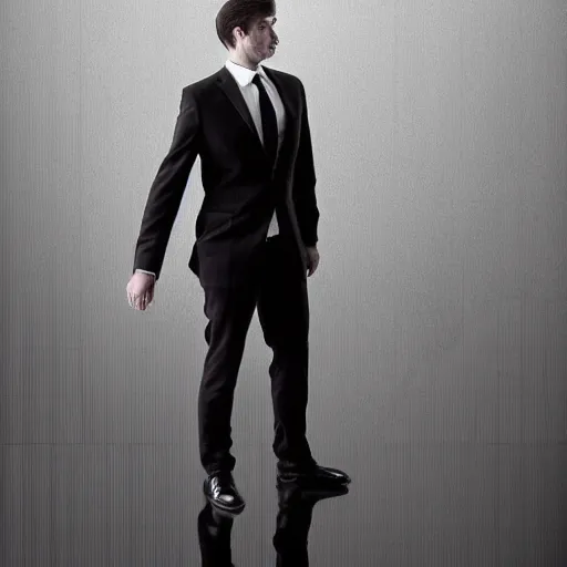 Image similar to endless reflections of a man in a mirror, dark suit, by sergey belik