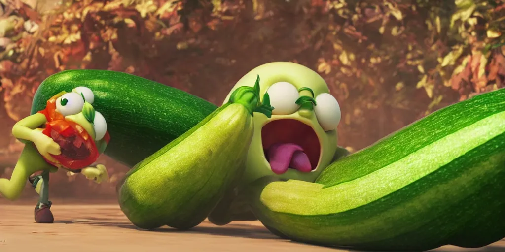 Prompt: detailed 3 d render of a zucchini character hunting after a tomato character, high speed chase, dramatic scene, hyper realistic octane render, cinematic lighting, deviantart, pop - surrealism, lowbrow, frame from pixar movie