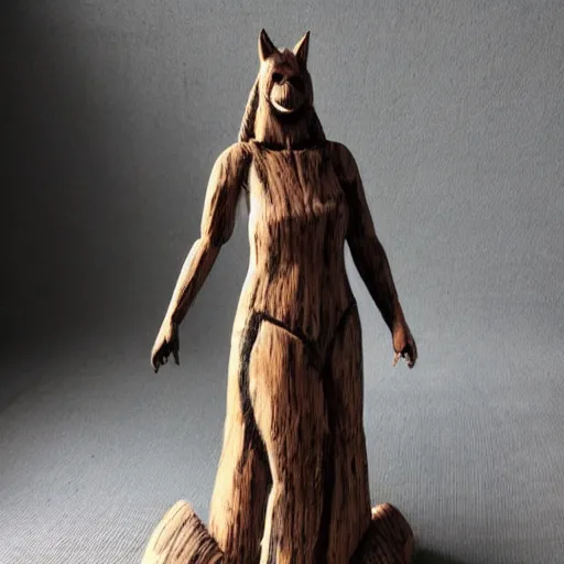 Prompt: realistic wooden statue of a female werewolf