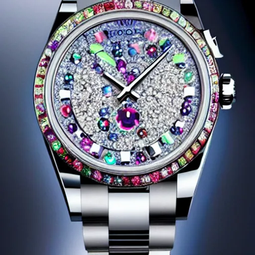 Image similar to futuristic rolex watch blinged out with gems from other worlds