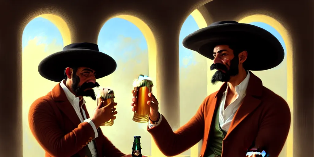 Image similar to a illustration of a mexican man with hat drinking a beer on train station, fantasy, intricate, elegant, highly detailed, digital painting, artstation, concept art, matte, sharp focus, art by aenaluck and roberto ferri and greg rutkowski, epic, juan caloto, juice ipa