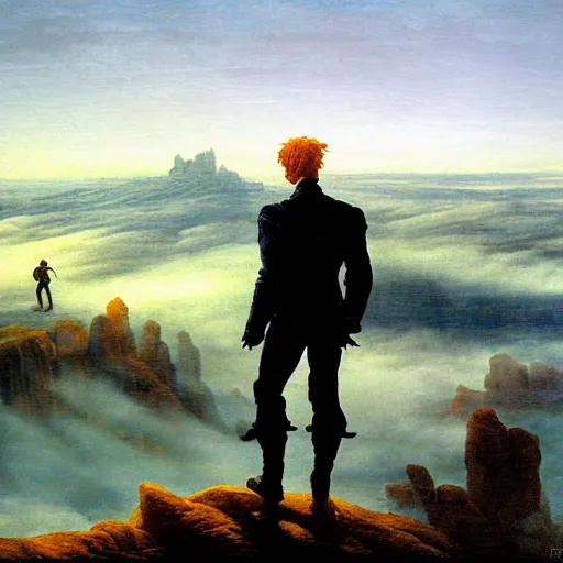 Prompt: wanderer above the sea of fog, but with ghost rider style of caspar david friedrich